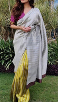 Parrot Green Striped Chanderi Handloom Saree: Madhya Pradesh