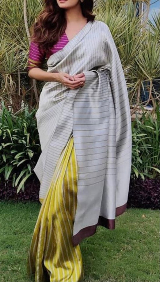 Parrot Green Striped Chanderi Handloom Saree: Madhya Pradesh