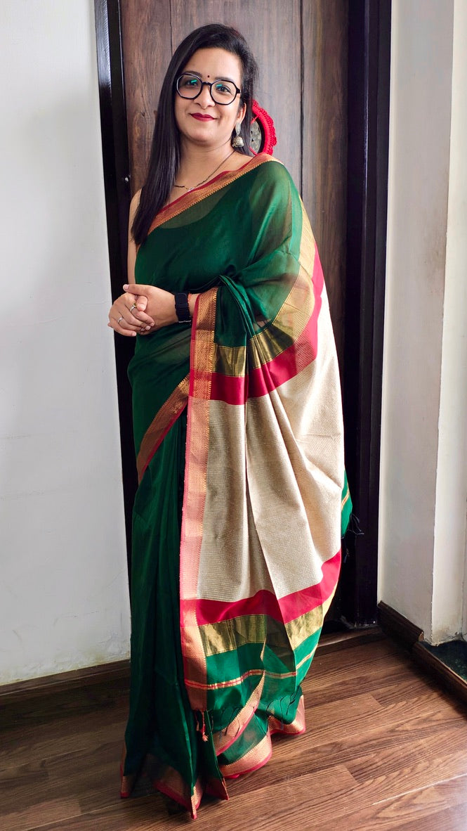 Bottle Green Maheshwari Handloom Saree - Madhya Pradesh
