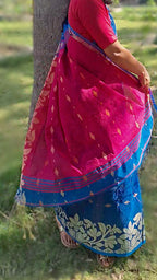 Blue Shantipuri Tant Saree with Woven Motifs: West Bengal