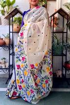 Ivory Floral  Fulia Tangail Handloom Saree: West Bengal
