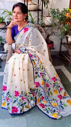 Ivory Floral  Fulia Tangail Handloom Saree: West Bengal