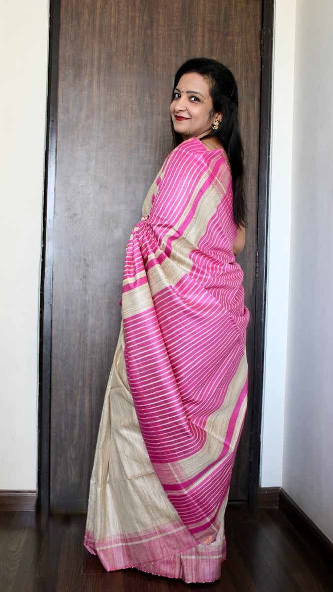 Beige Pink Bhagalpuri Handloom Silk Saree- Bihar
