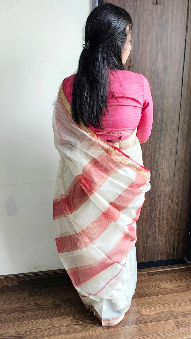 Off-White Maheshwari Handloom Saree - Madhya Pradesh