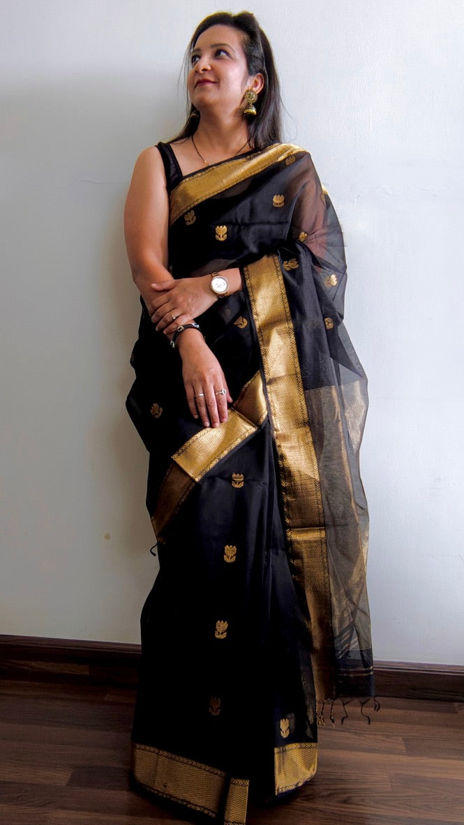 Black Maheshwari Handloom Saree - Madhya Pradesh