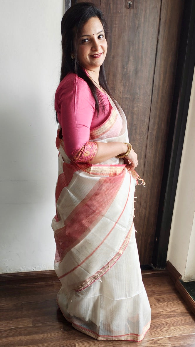 Off-White Maheshwari Handloom Saree - Madhya Pradesh