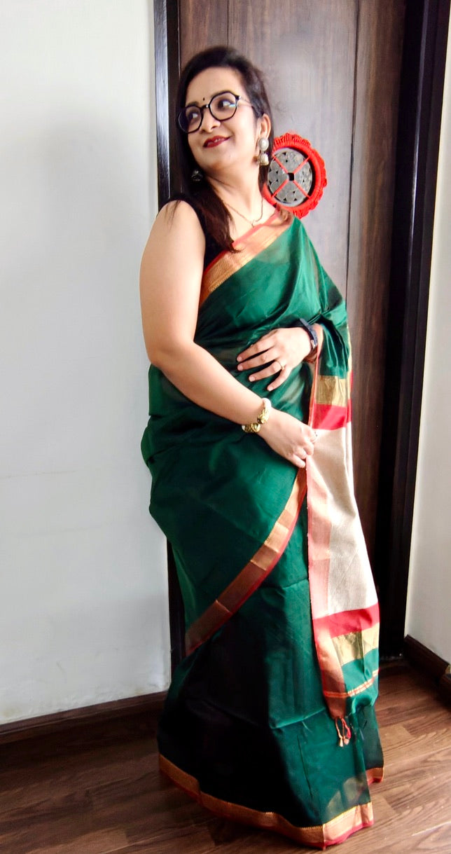 Bottle Green Maheshwari Handloom Saree - Madhya Pradesh