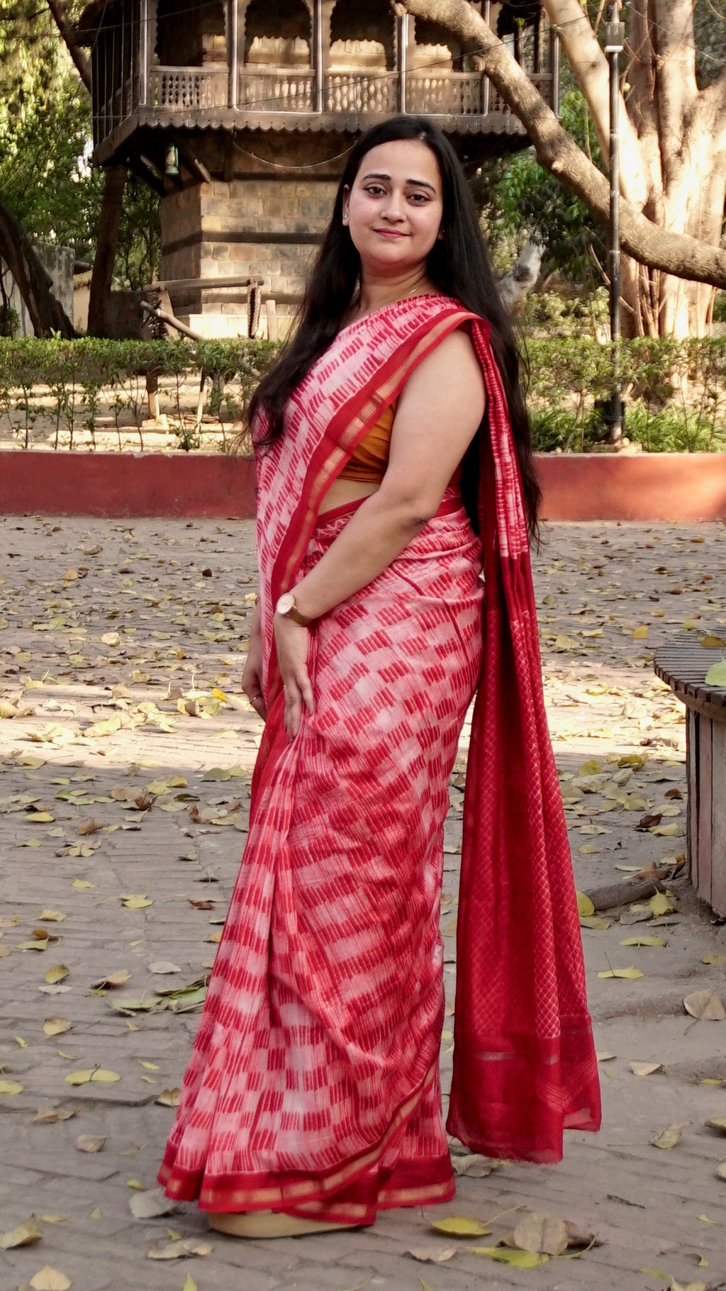red chanderi cotton silk saree full drape right view.