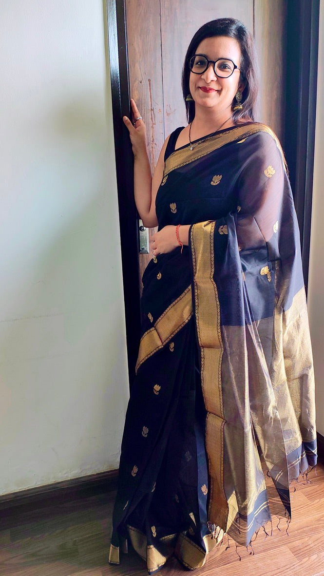Black Maheshwari Handloom Saree - Madhya Pradesh