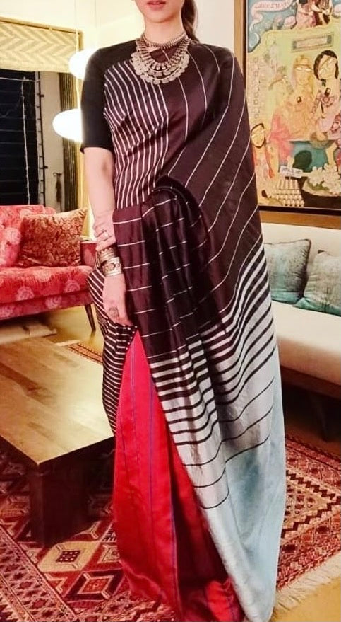 Magenta Brown Chanderi Handloom Saree: Madhya Pradesh
