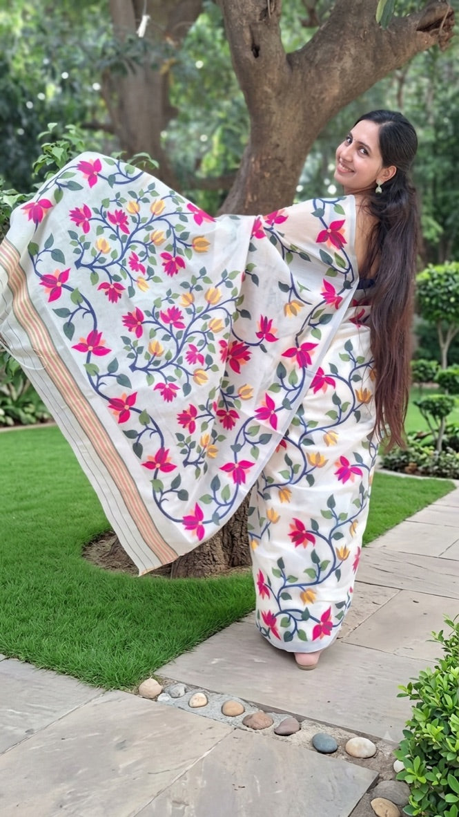 Ivory Floral  Fulia Tangail Handloom Saree: West Bengal