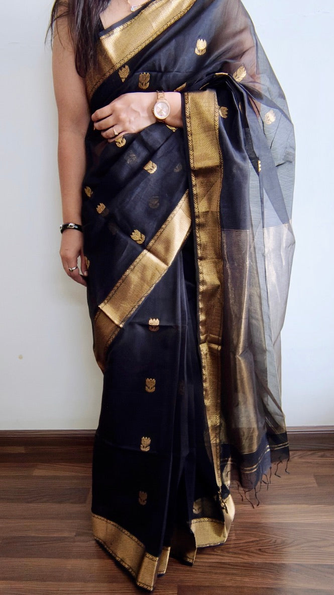 Black Maheshwari Handloom Saree - Madhya Pradesh