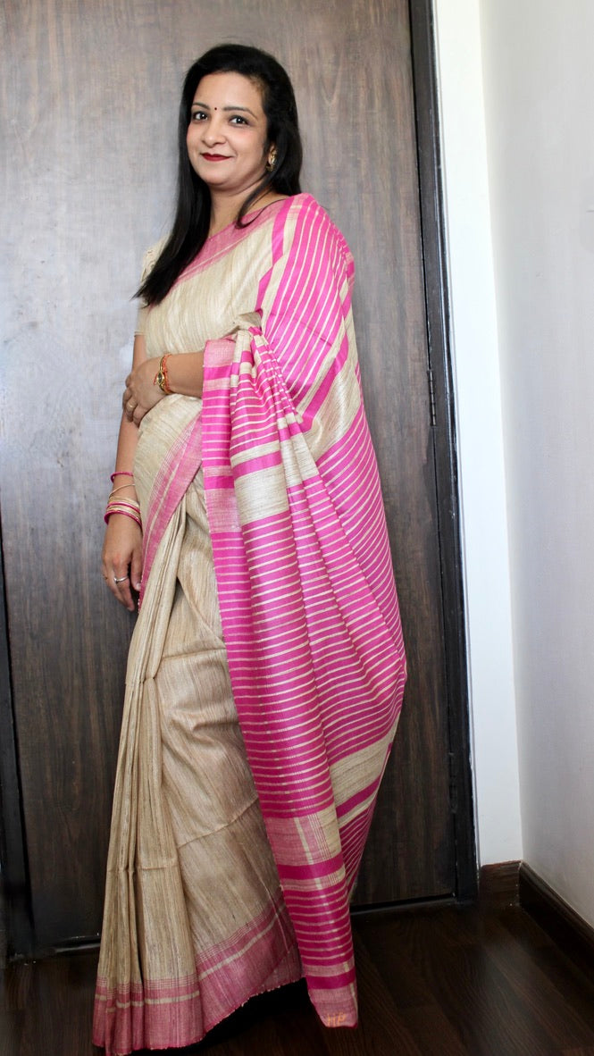 Beige Pink Bhagalpuri Handloom Silk Saree- Bihar