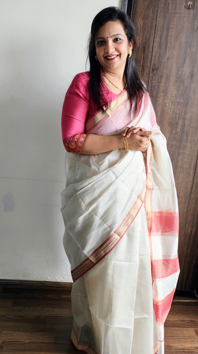 Off-White Maheshwari Handloom Saree - Madhya Pradesh