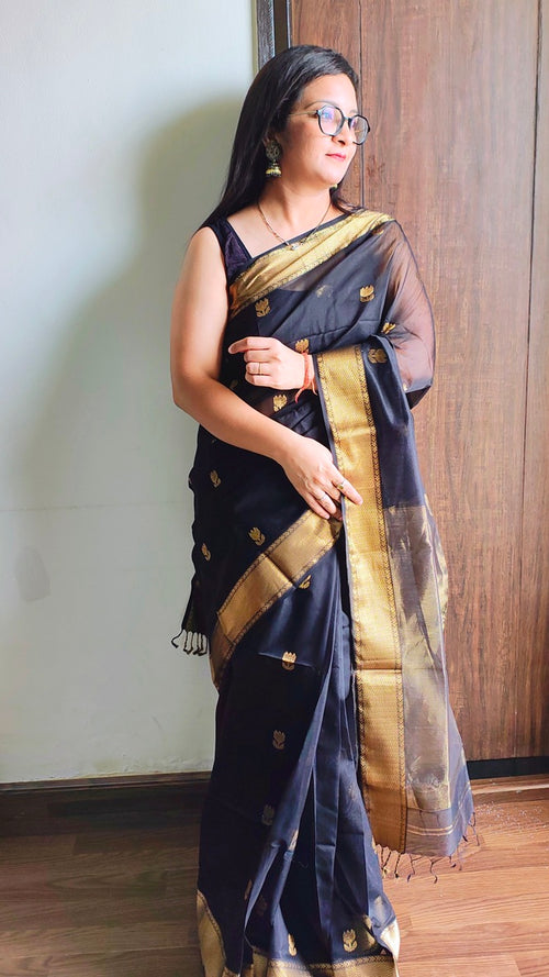 Black Maheshwari Handloom Saree - Madhya Pradesh