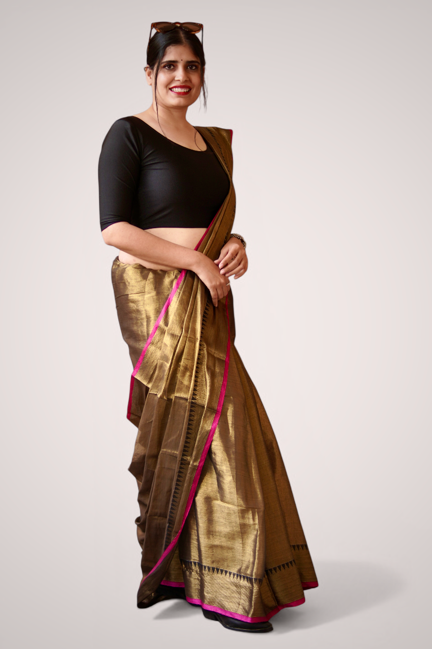 Left view of gold tissue cotton handloom saree from West Bengal