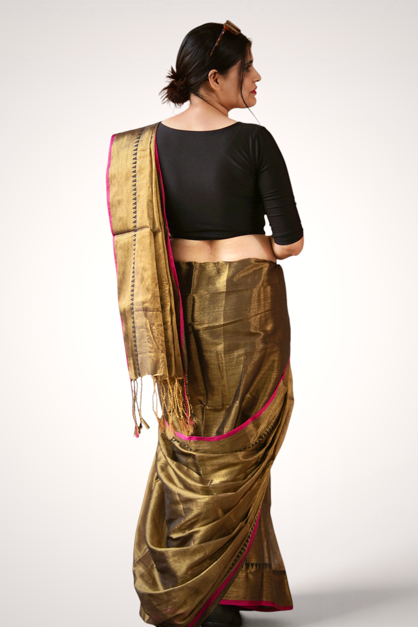 Pallu detail of gold tissue cotton saree with metallic sheen