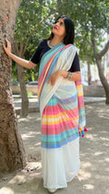 White Pastel Striped Mulmul Cotton Handloom Saree: West Bengal