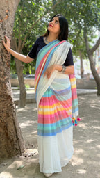 White Pastel Striped Mulmul Cotton Handloom Saree: West Bengal