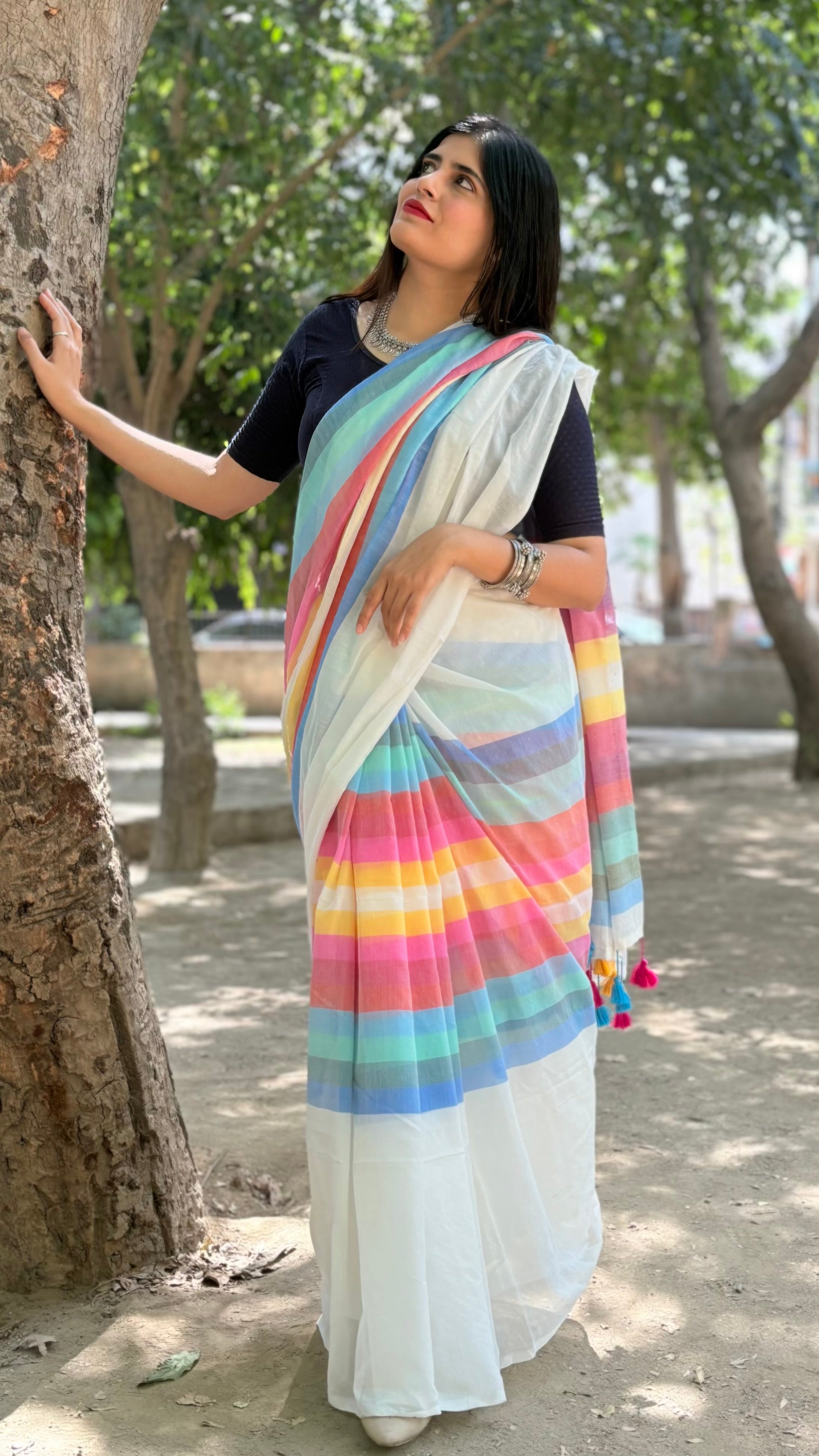 White Pastel Striped Mulmul Cotton Handloom Saree: West Bengal