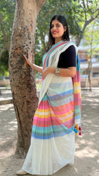White Pastel Striped Mulmul Cotton Handloom Saree: West Bengal