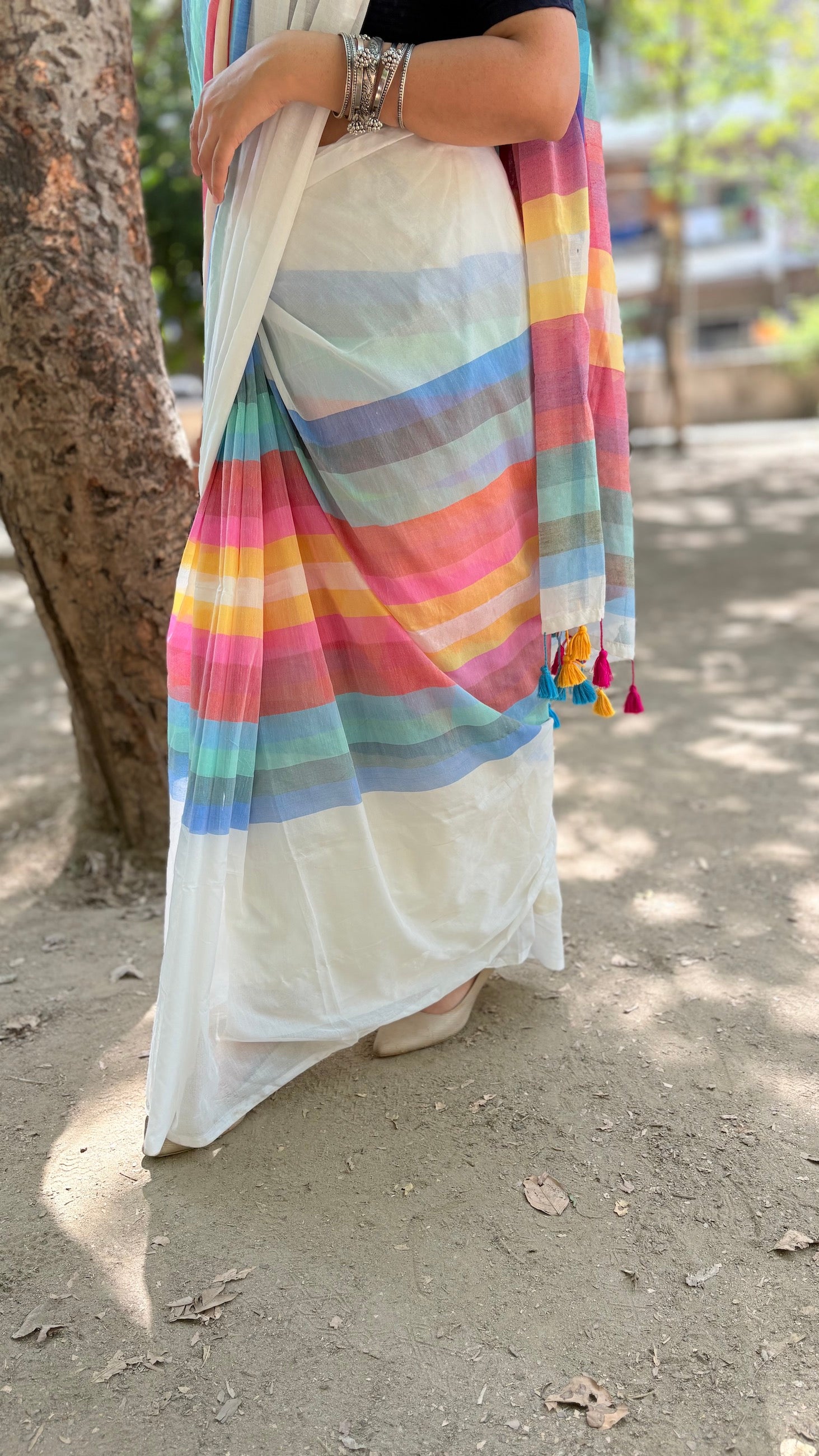 White Pastel Striped Mulmul Cotton Handloom Saree: West Bengal