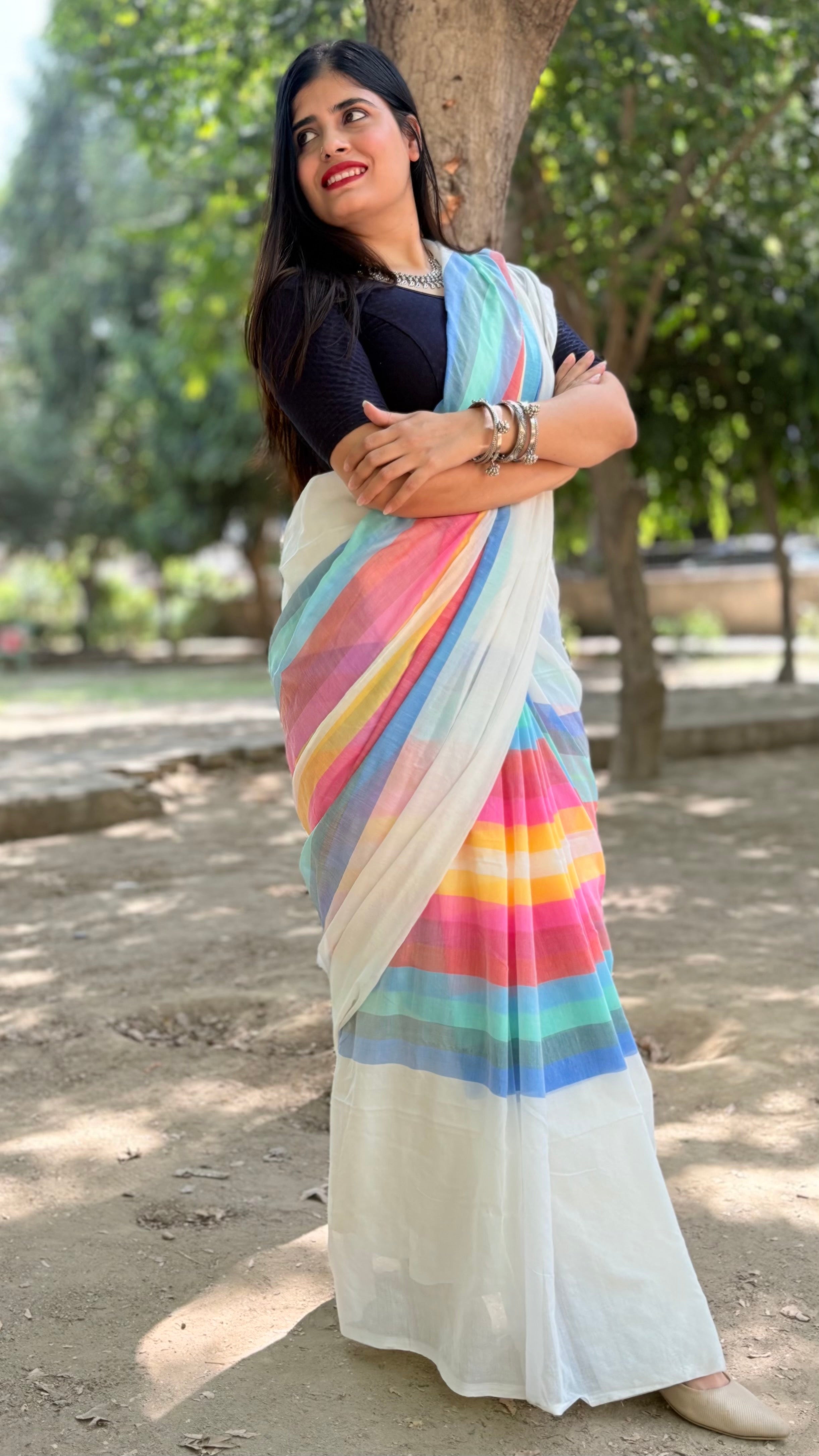 White Pastel Striped Mulmul Cotton Handloom Saree: West Bengal