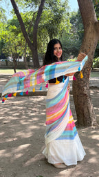 White Pastel Striped Mulmul Cotton Handloom Saree: West Bengal