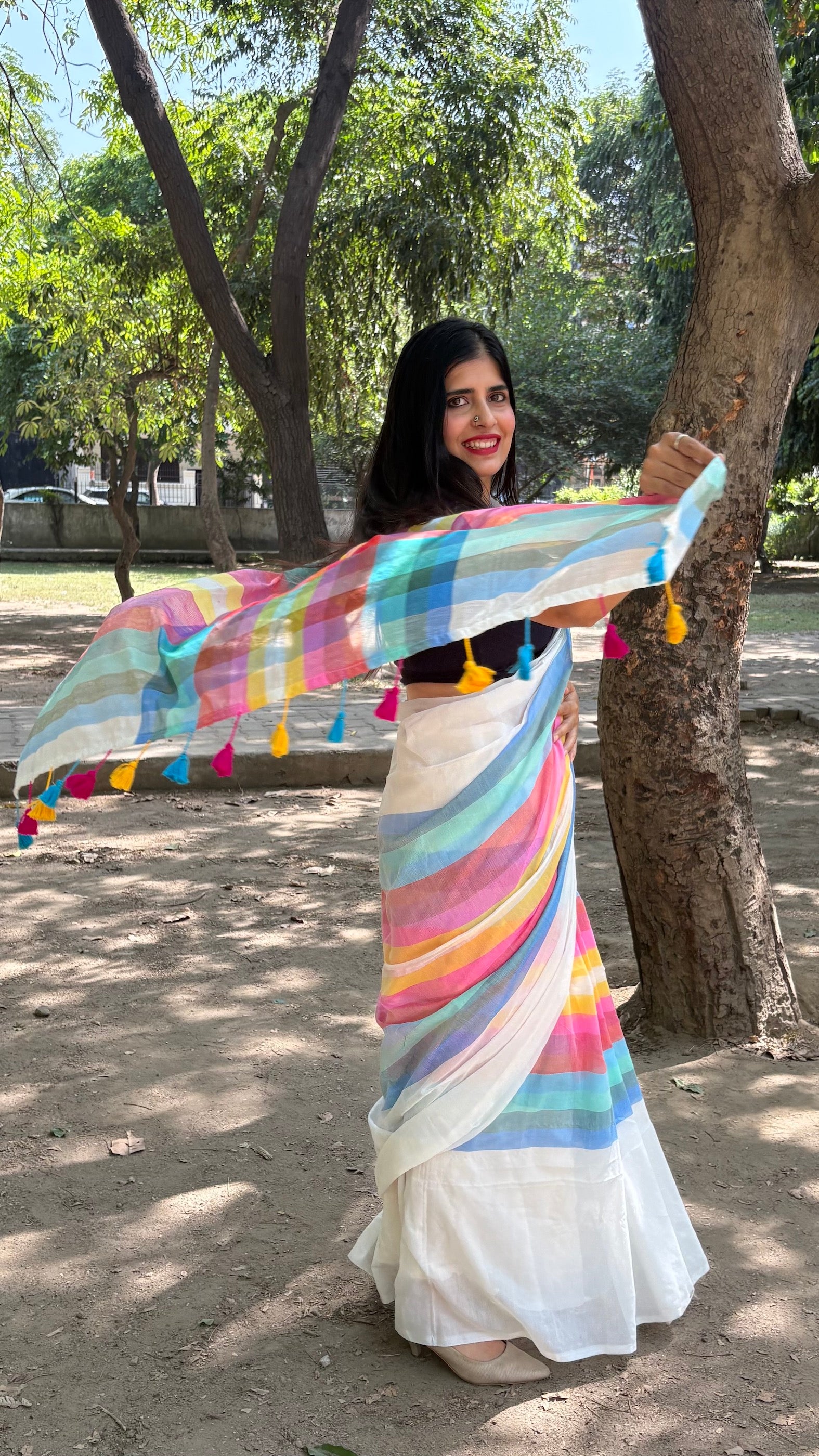 White Pastel Striped Mulmul Cotton Handloom Saree: West Bengal