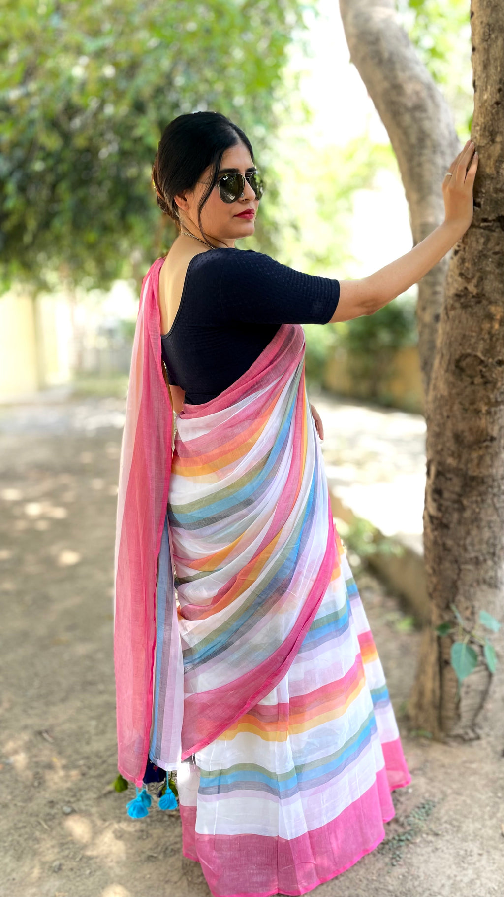 Pink Multicolour Striped Mulmul Cotton Handloom Saree: West Bengal