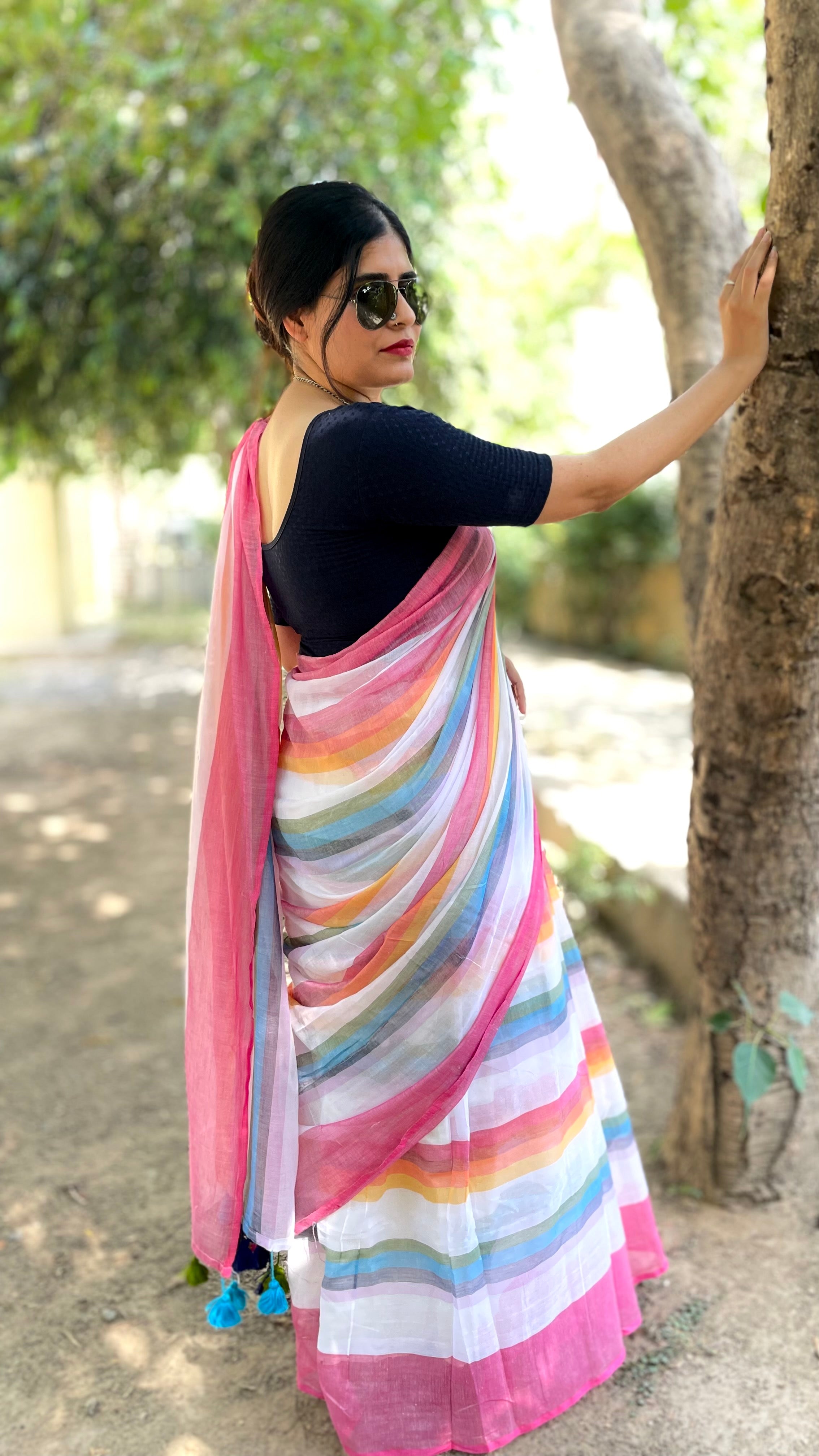 Pink Multicolour Striped Mulmul Cotton Handloom Saree: West Bengal