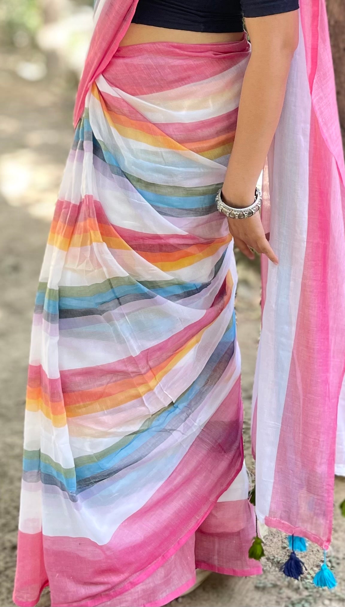 Pink Multicolour Striped Mulmul Cotton Handloom Saree: West Bengal