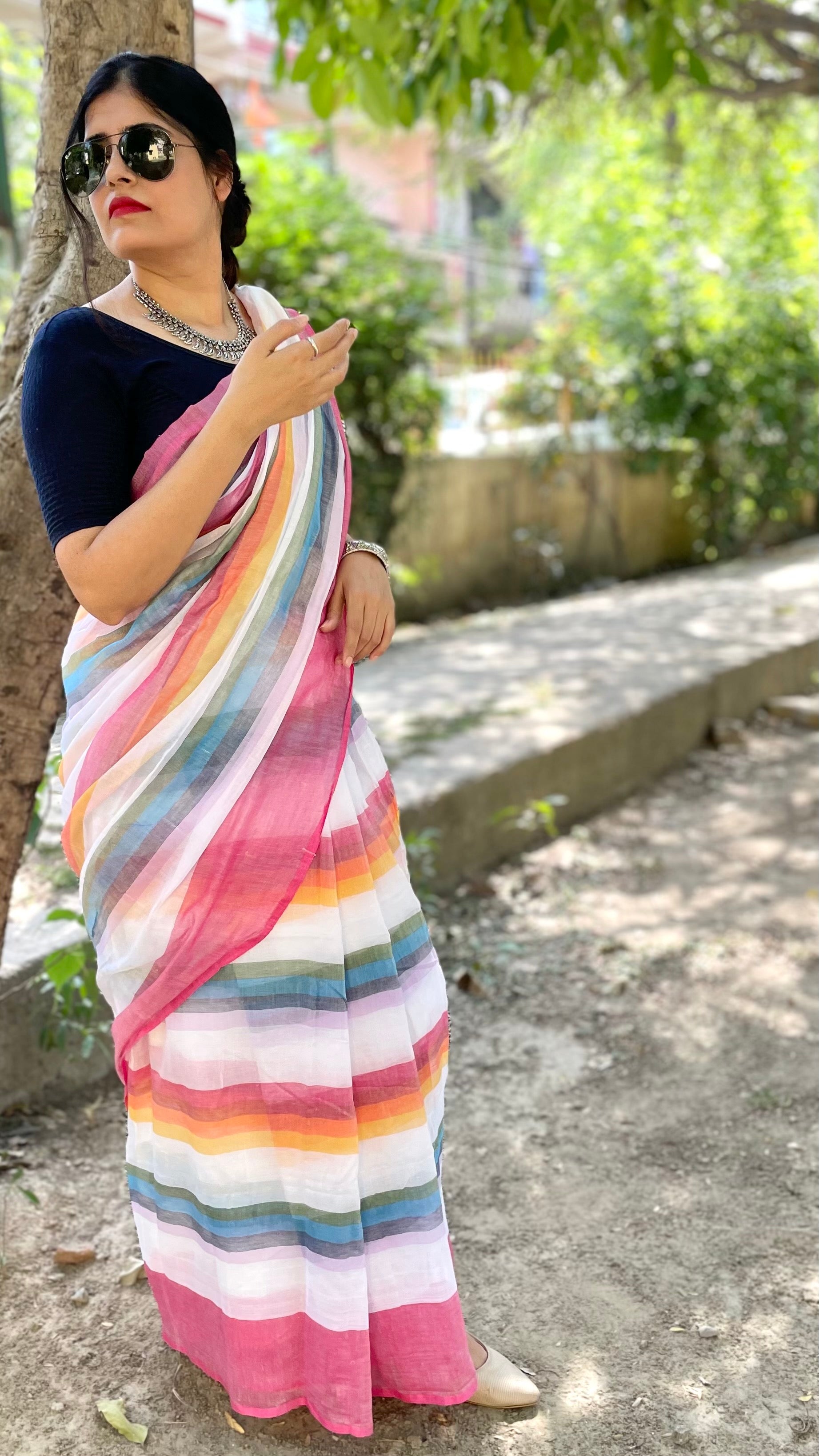 Pink Multicolour Striped Mulmul Cotton Handloom Saree: West Bengal