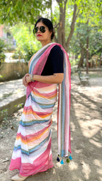 Pink Multicolour Striped Mulmul Cotton Handloom Saree: West Bengal