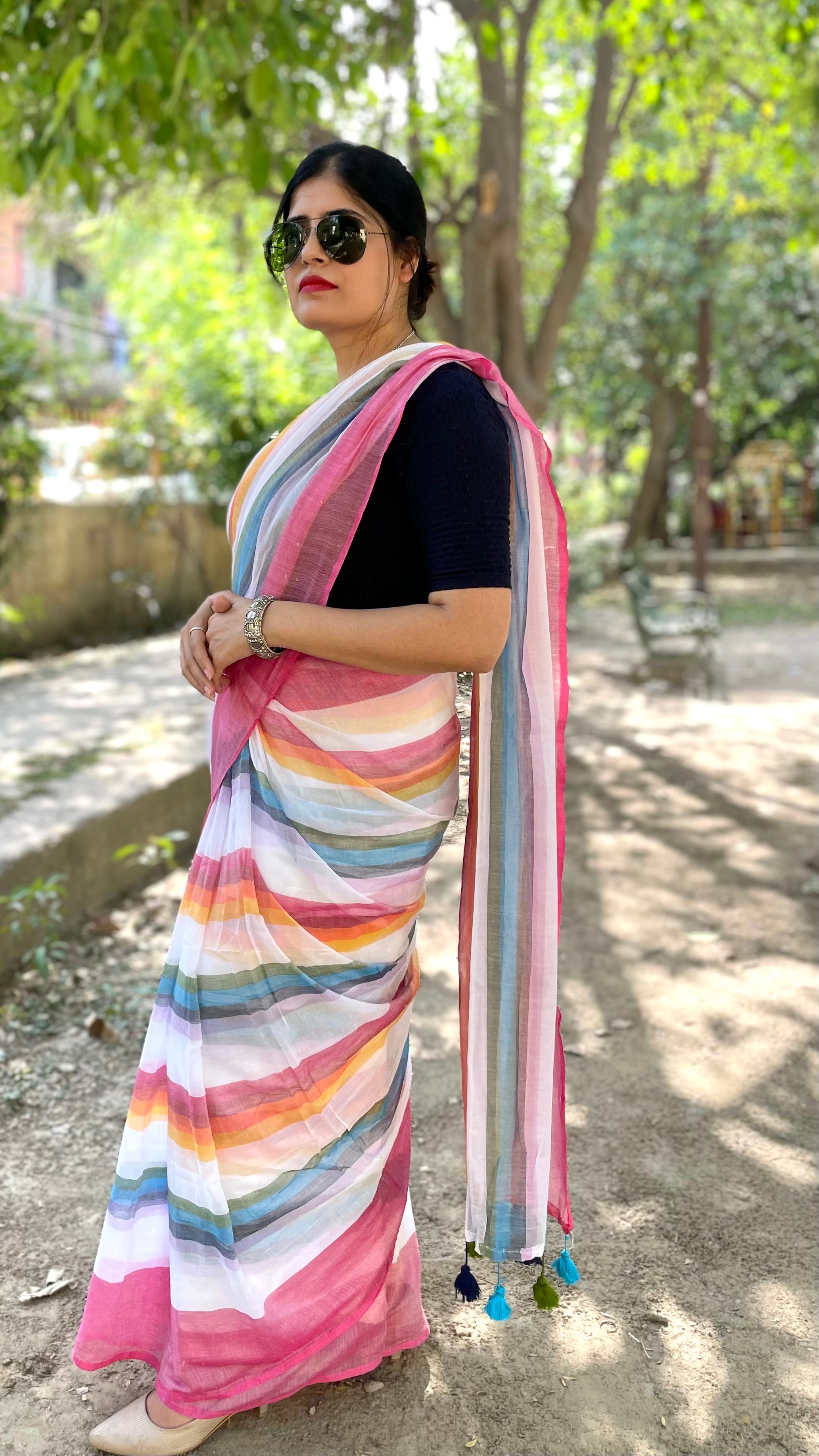 Pink Multicolour Striped Mulmul Cotton Handloom Saree: West Bengal