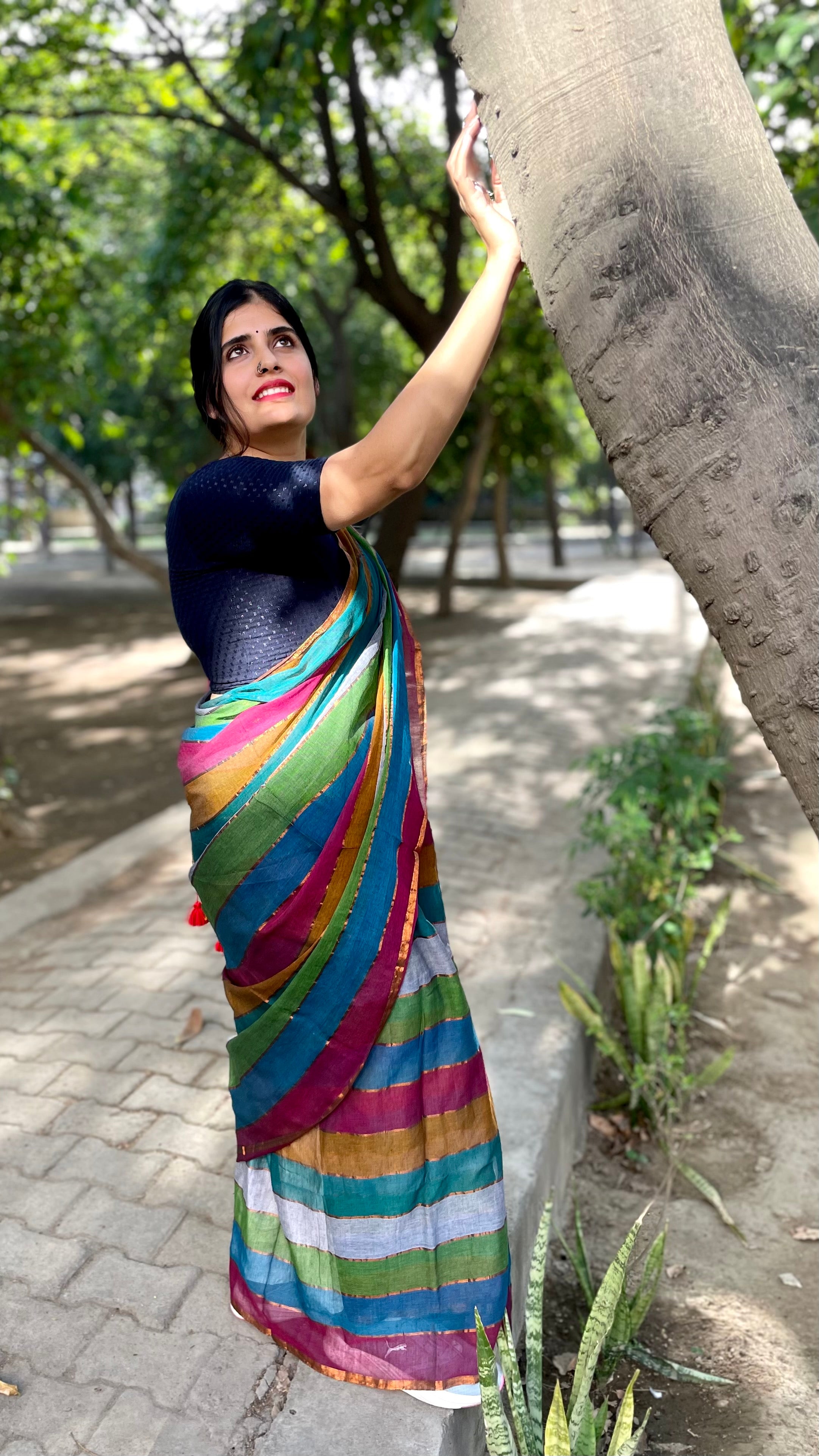 Teal Blue Multicolour Striped Mulmul Cotton Handloom Saree: West Bengal