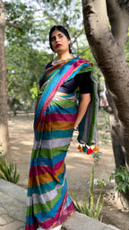 Teal Blue Multicolour Striped Mulmul Cotton Handloom Saree: West Bengal