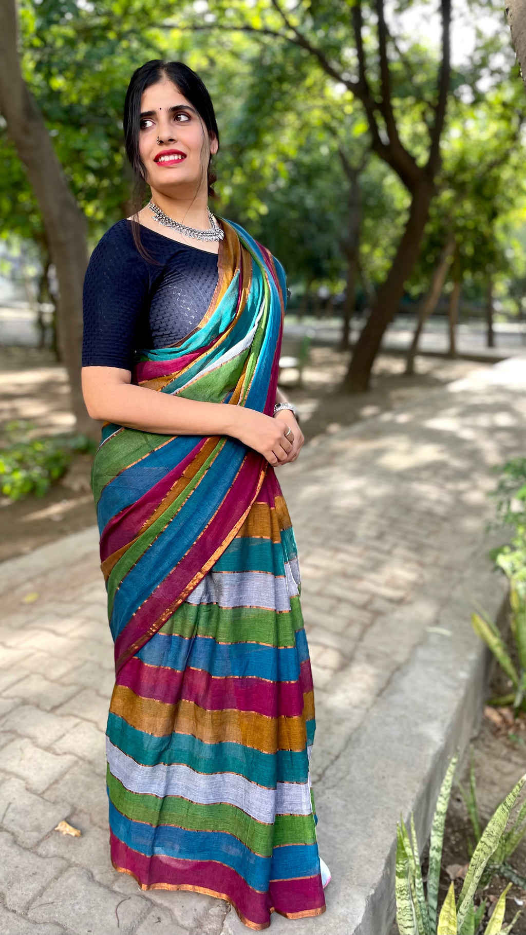 Teal Blue Multicolour Striped Mulmul Cotton Handloom Saree: West Bengal