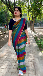 Teal Blue Multicolour Striped Mulmul Cotton Handloom Saree: West Bengal