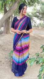 Blue Striped Mulmul Cotton Handloom Saree: West Bengal