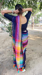 Blue Striped Mulmul Cotton Handloom Saree: West Bengal