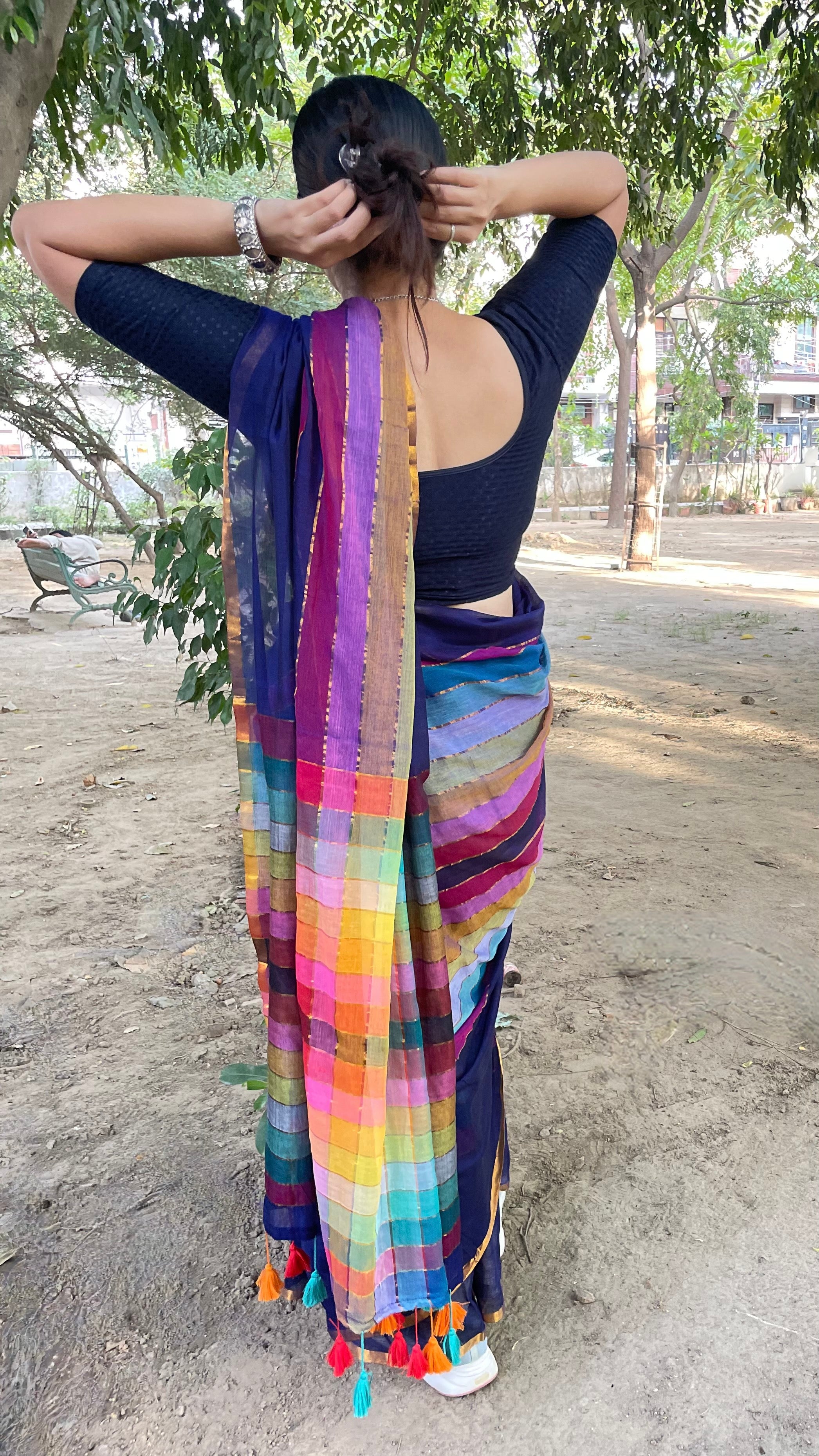 Blue Striped Mulmul Cotton Handloom Saree: West Bengal
