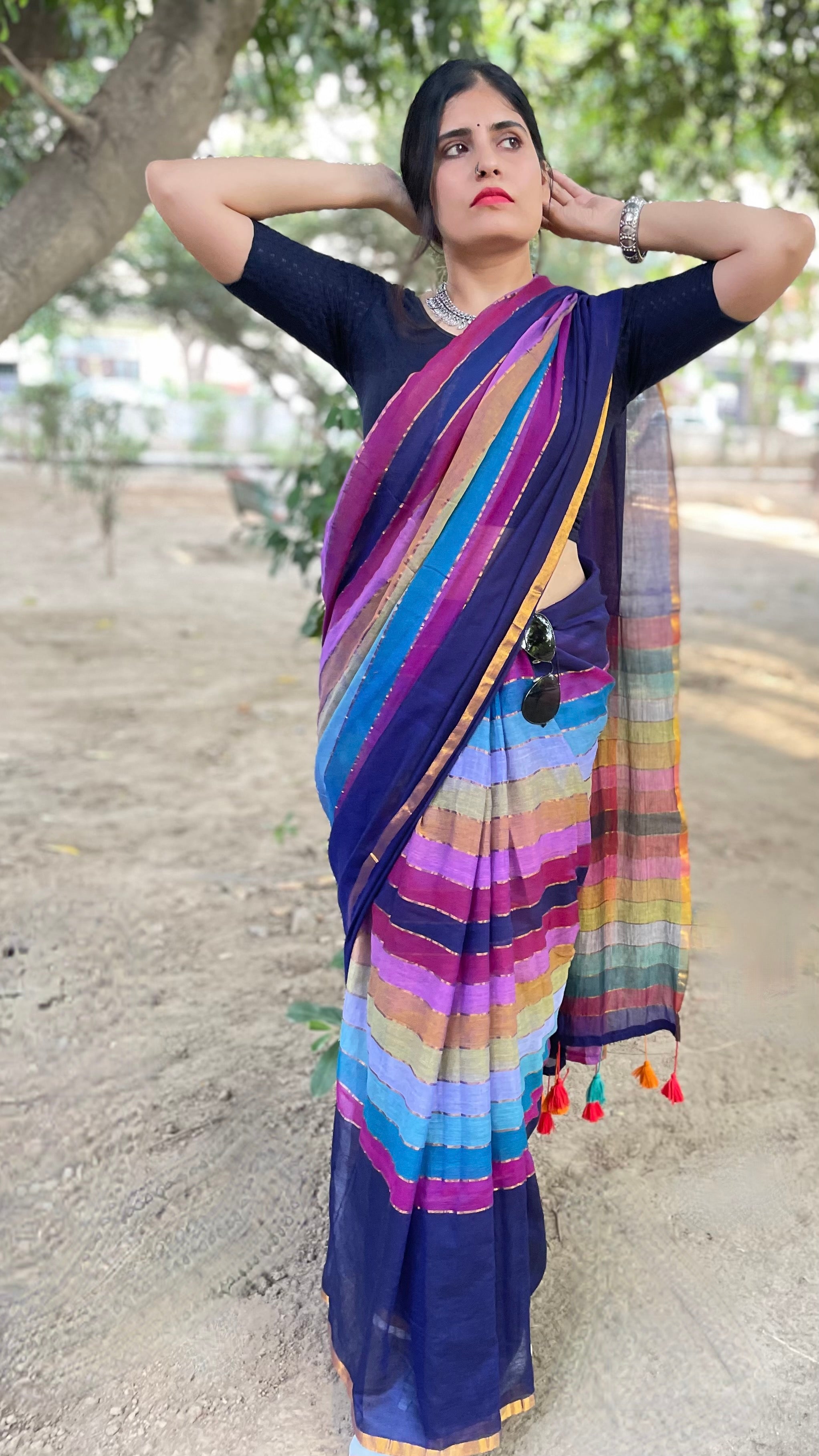Blue Striped Mulmul Cotton Handloom Saree: West Bengal
