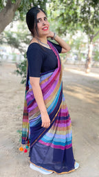 Blue Striped Mulmul Cotton Handloom Saree: West Bengal