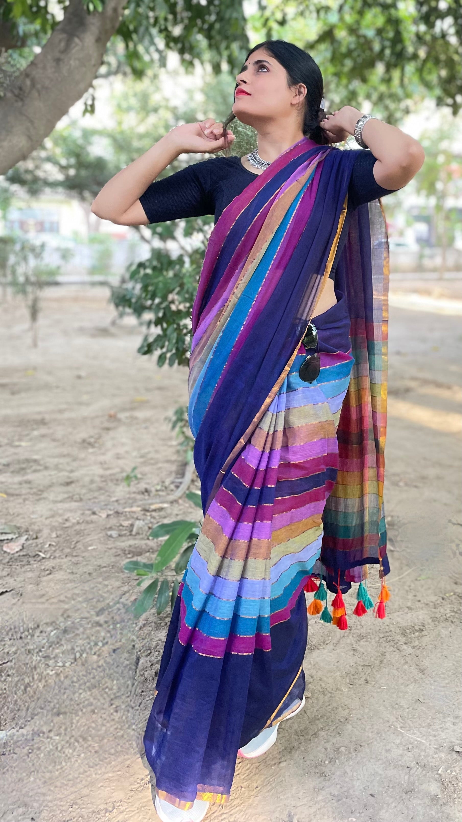 Blue Striped Mulmul Cotton Handloom Saree: West Bengal