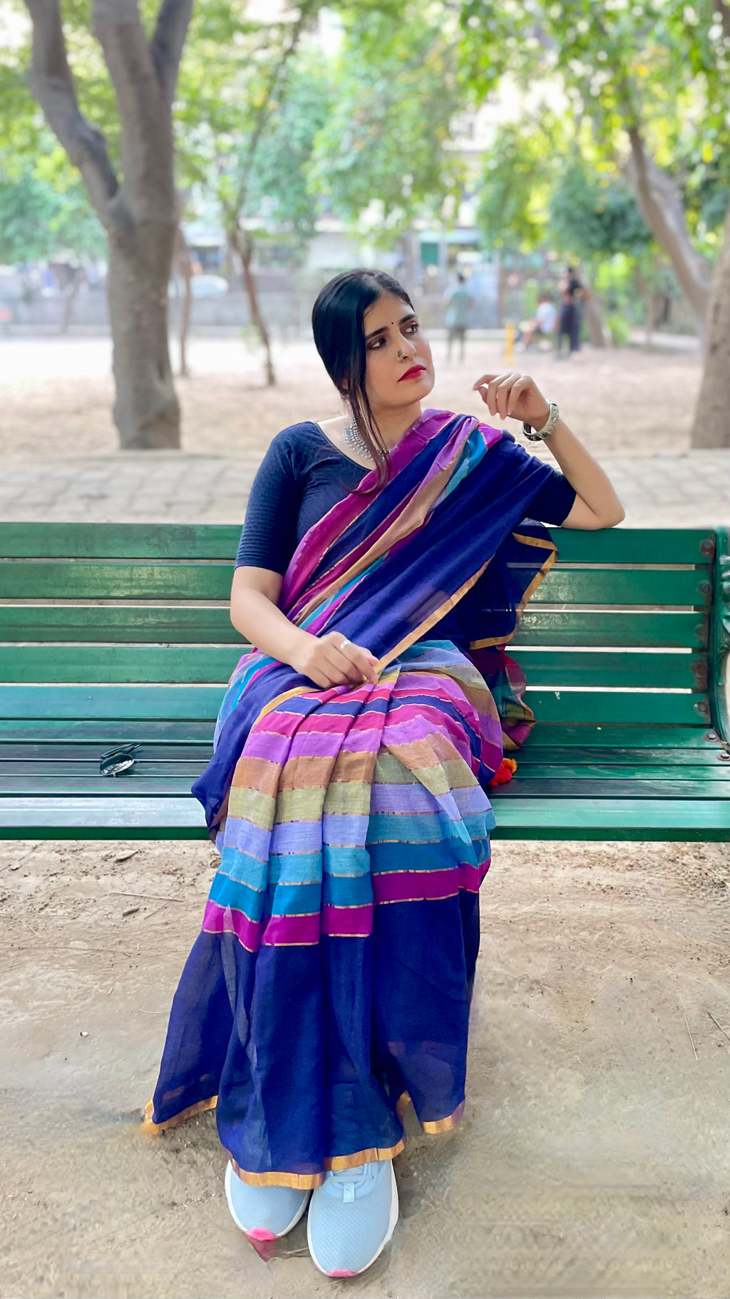 Blue Striped Mulmul Cotton Handloom Saree: West Bengal