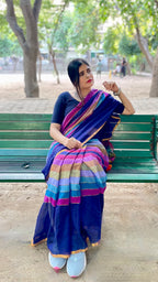 Blue Striped Mulmul Cotton Handloom Saree: West Bengal
