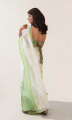 Pallu detail of off white Kota Doria saree with pastel green yellow border
