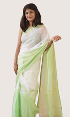 Border detail of off white Kota Doria saree with pastel green yellow border