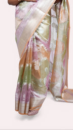 pallu of pastel peach tissue rangkat banarasi handloom saree.